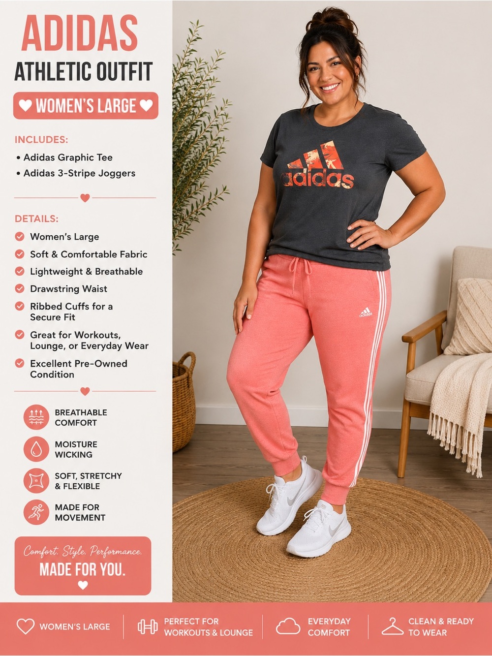 Adidas Women’s Coral 3-Stripe Joggers with adidas shirt outfit